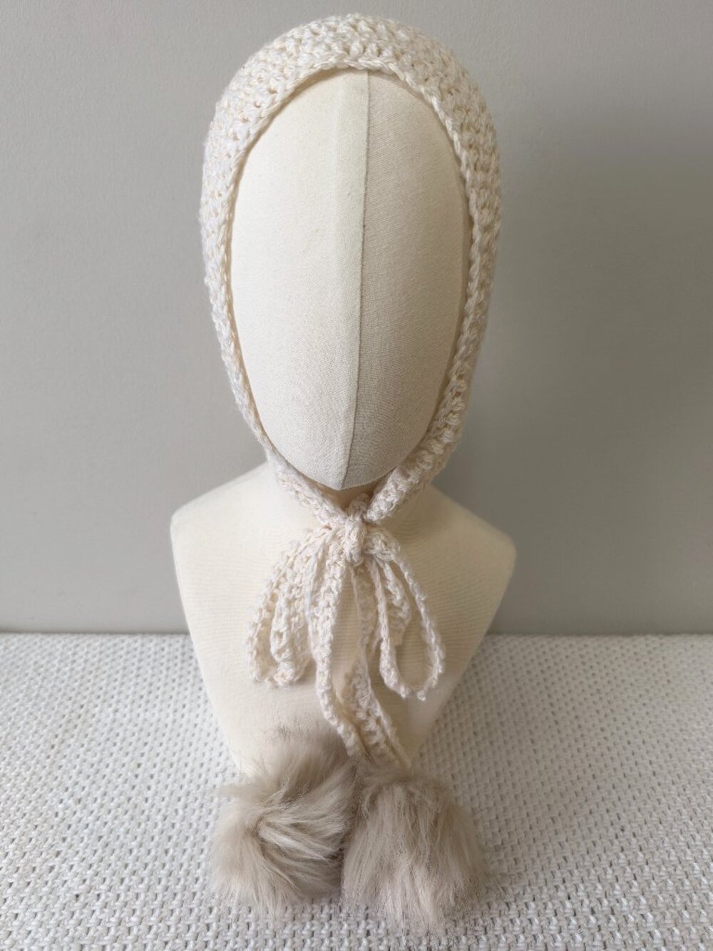 Handmade Crochet Cream White Long Tassel Beige Pompoms Bonnet